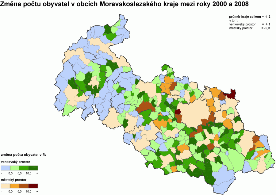Kartogram 4. Změna počtu obyvatel v obcích Moravskoslezského kraje mezi roky 2000 a 2008